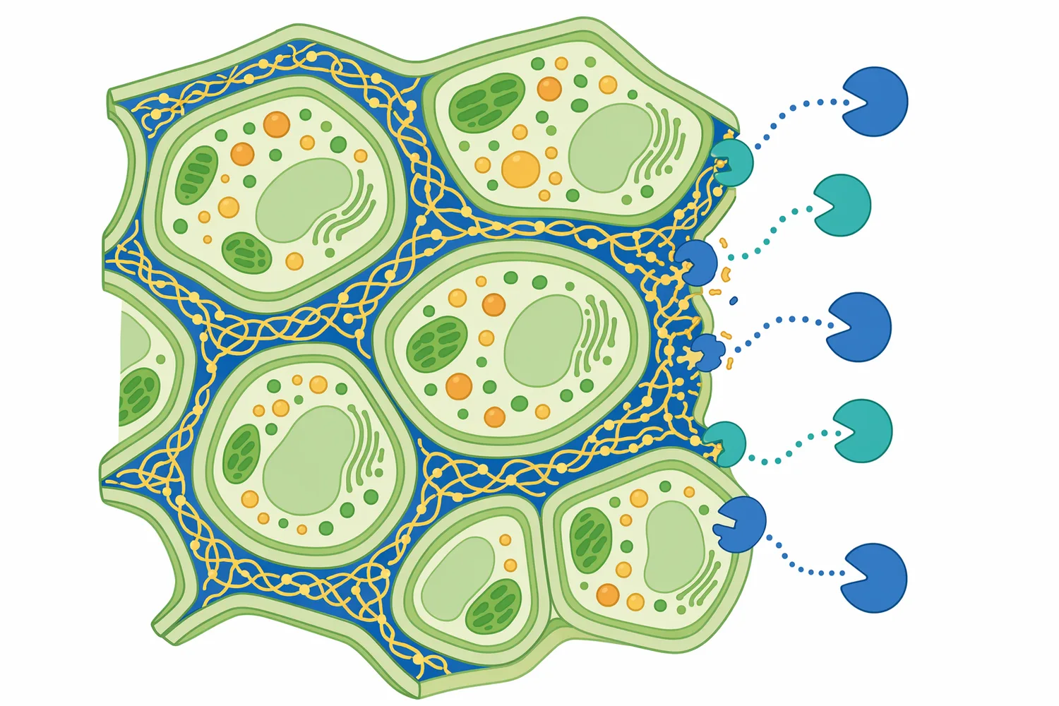 Pectinase targets the pectic matrix that helps bind plant cells together in pectin-bearing feed materials.