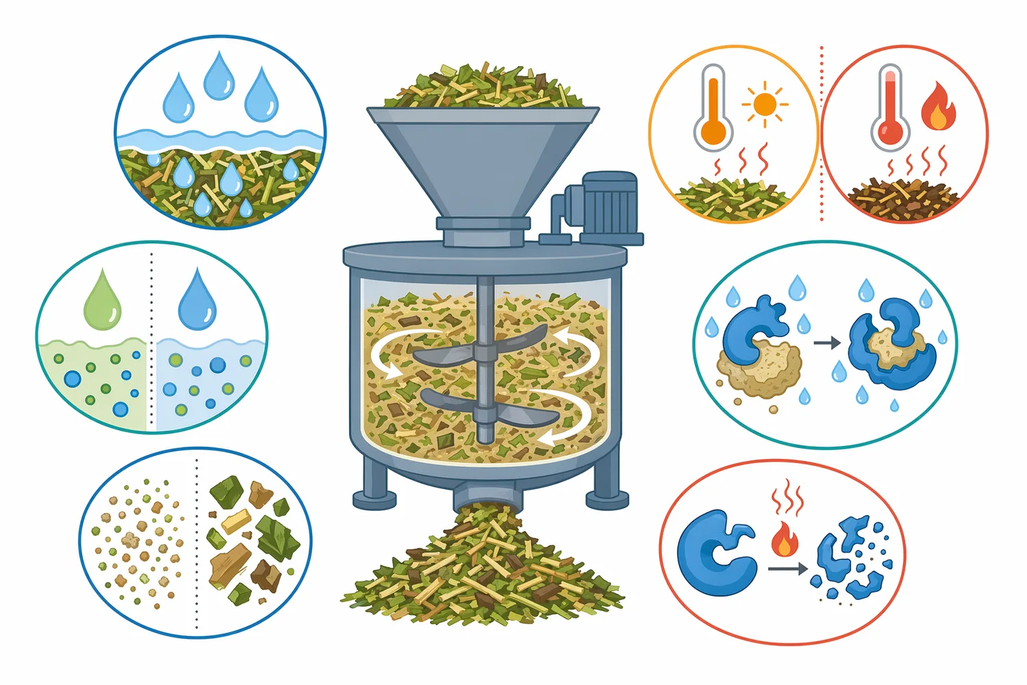 Moisture, heat exposure, pH environment, particle size, and mixing all influence whether pectinase can contact pectin and remain functional.