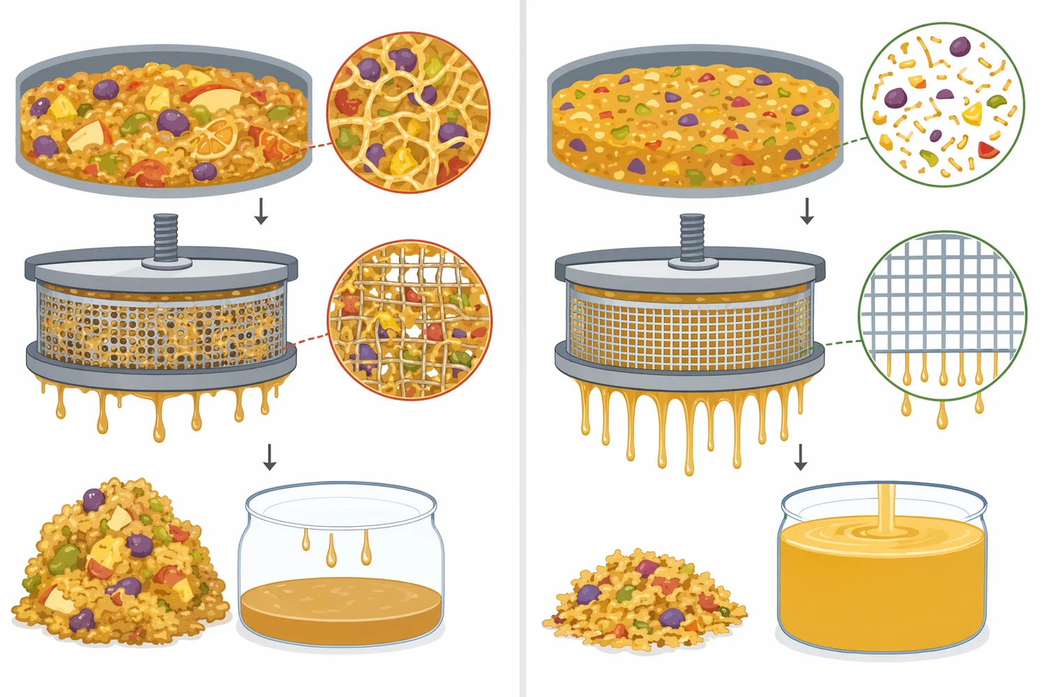 Pectinase, cellulase, hemicellulase, amylase, and protease act on different mash substrates and therefore solve different processing problems.