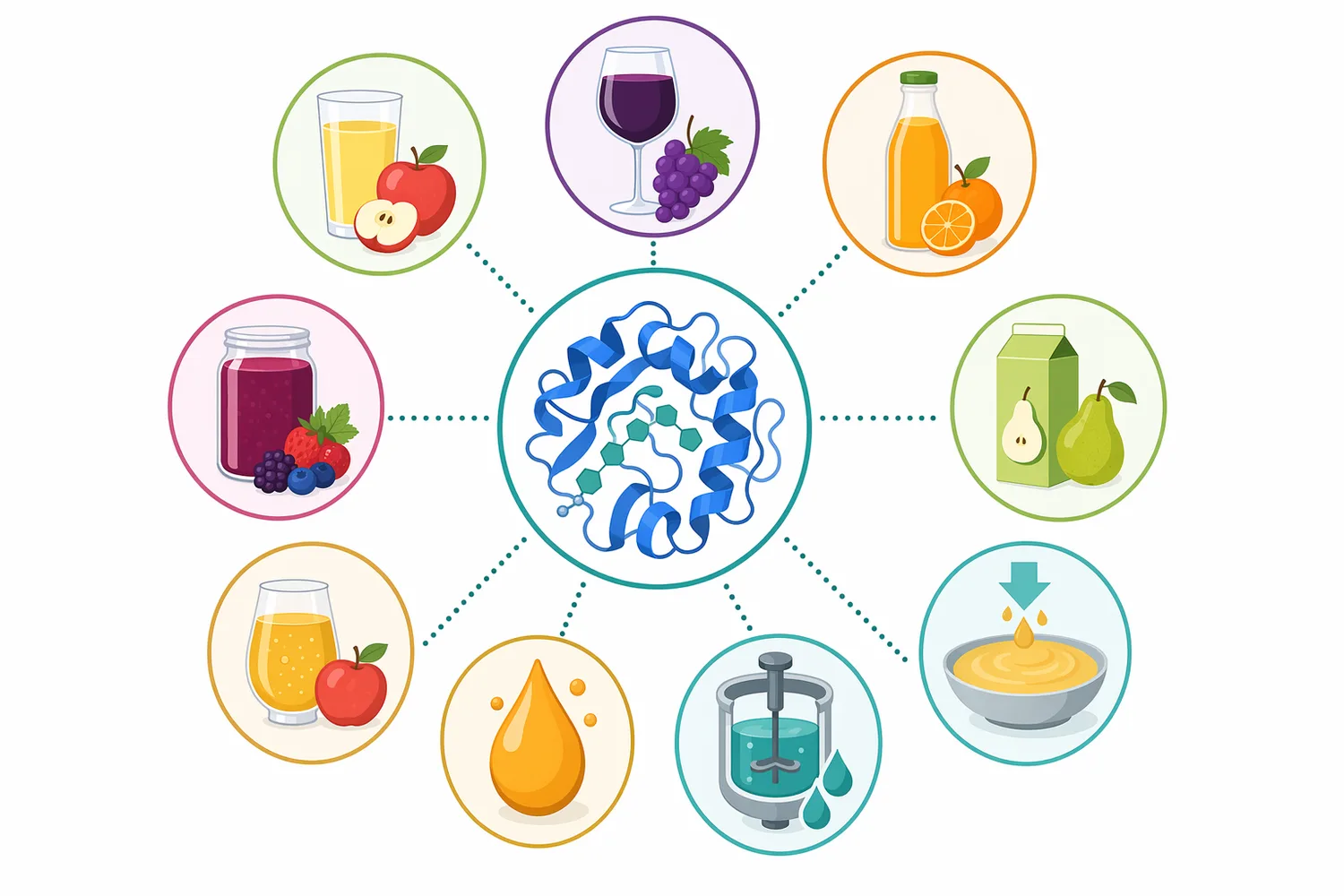 Apple, berry, tropical, citrus, and fermented fruit beverage applications differ in pulp load, desired clarity, and whether pectinase should be used alone or in enzyme blends.