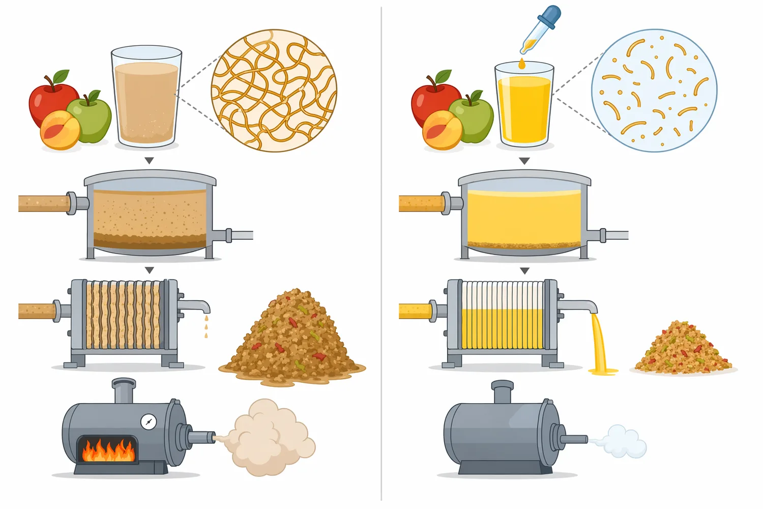 Pectinase, companion enzymes, fining agents, membranes, and nonthermal technologies clarify juice through different mechanisms and fit different process needs.