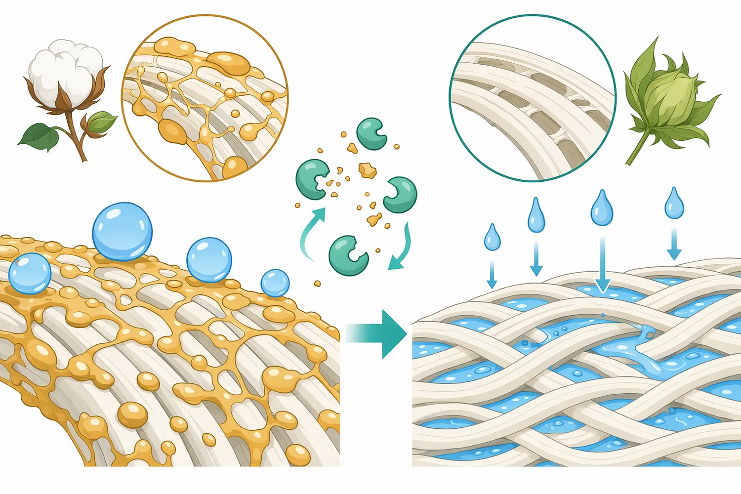 In textile bioscouring, pectinase loosens pectic binders on fiber surfaces and can improve wettability and softness.
