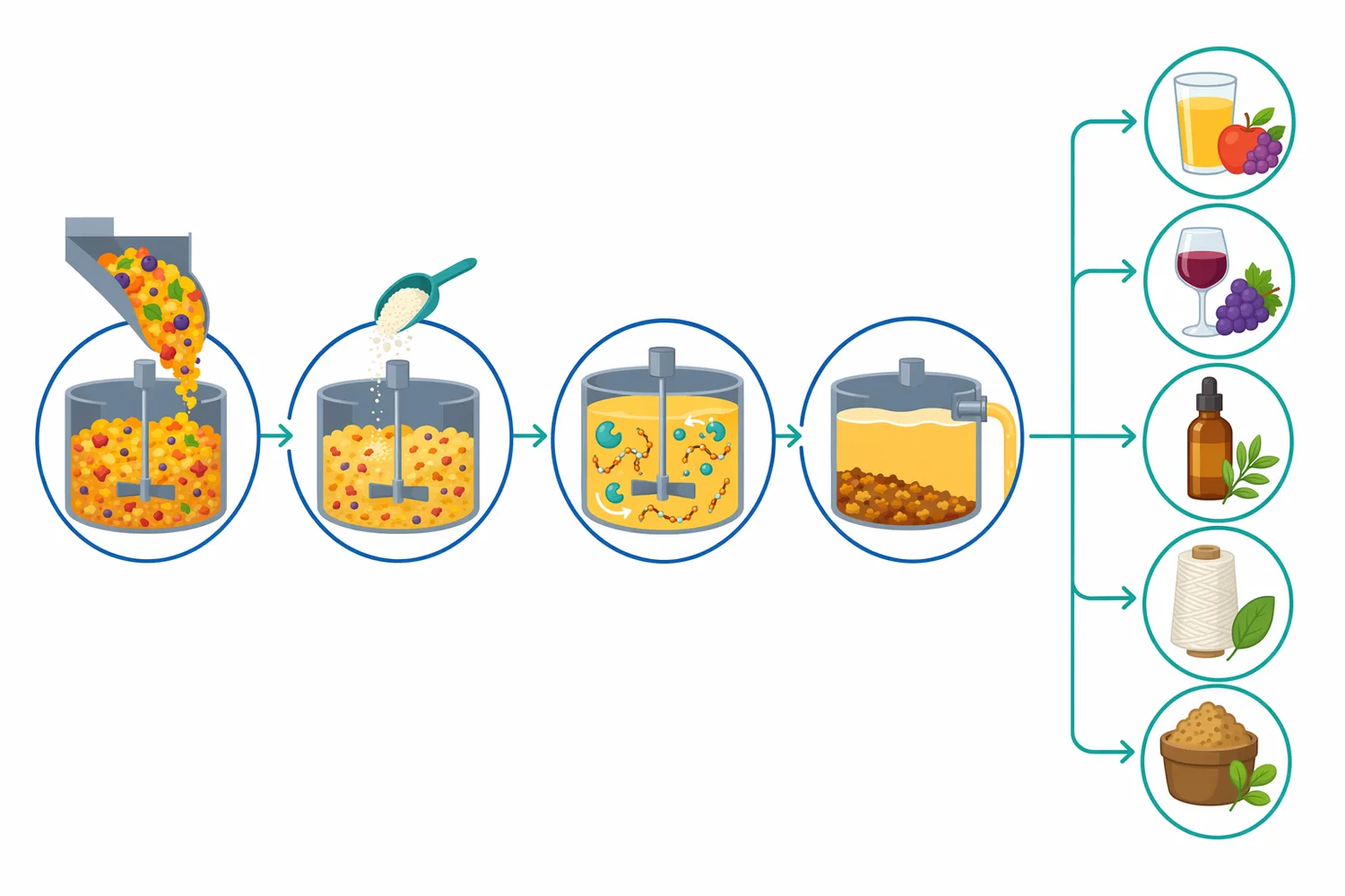 In juice processing, pectinase treatment can be positioned before settling, centrifugation, or filtration to improve clarification and flow.