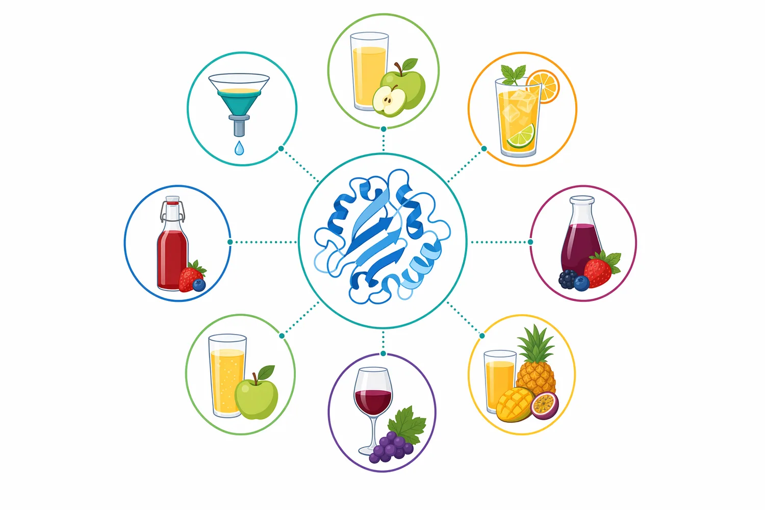 Pectinase is especially relevant in pectin-rich apple, citrus, grape, berry, guava, passion fruit, and tropical fruit matrices.