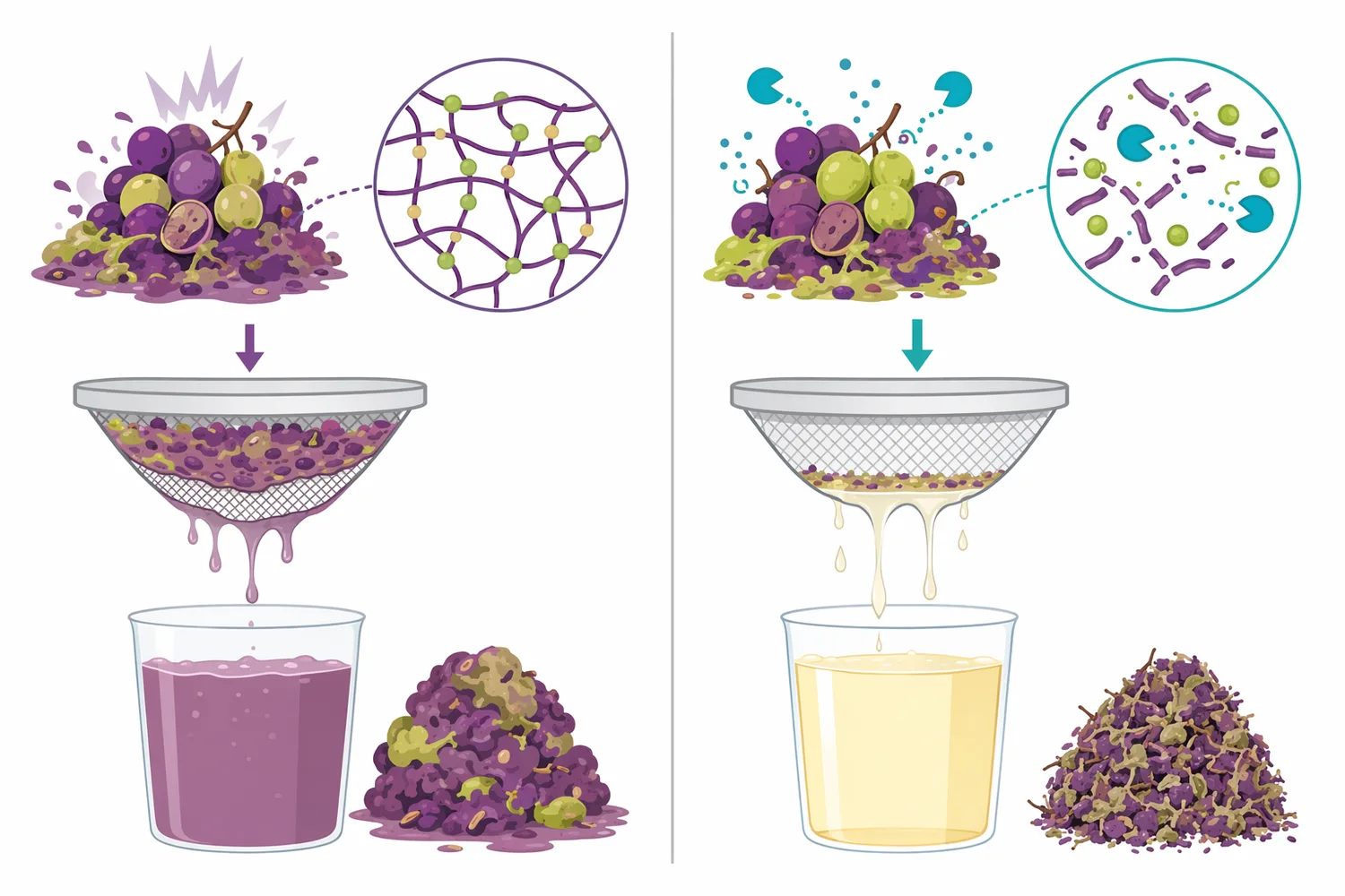 Different pectinase activities target pectin by backbone cleavage, de-esterification, or complementary mixed actions.