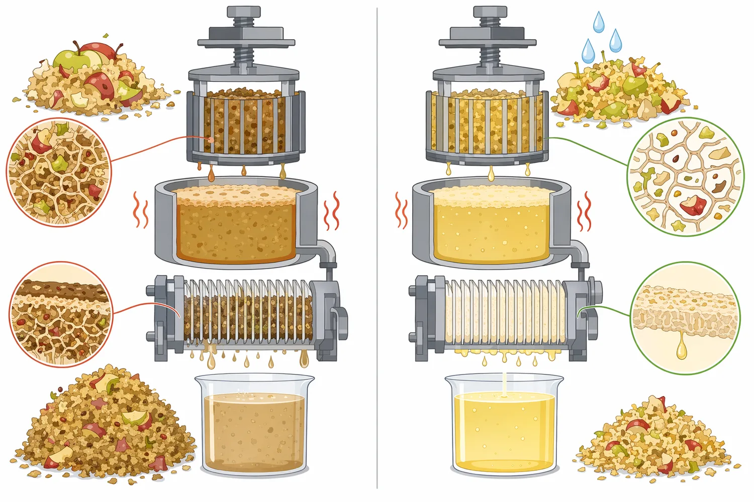 Polygalacturonase, pectin methylesterase, pectin lyase, and pectate lyase act on different chemical features of the pectin system.