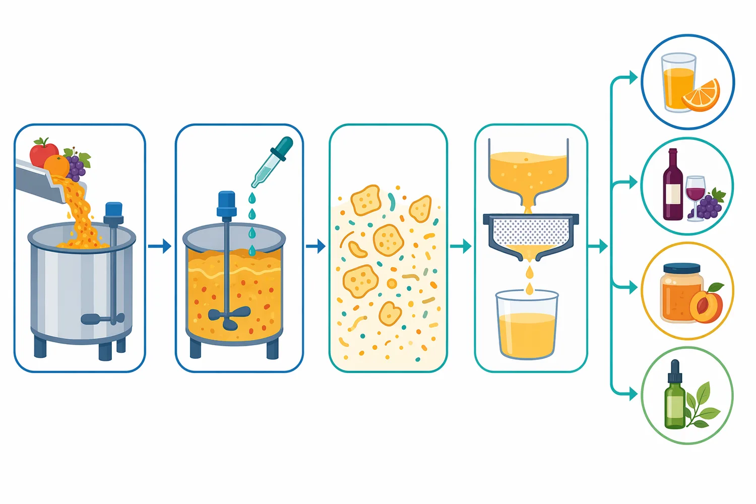 In juice extraction, pectinase is typically applied after crushing or pulping and before pressing, clarification, filtration, or separation.