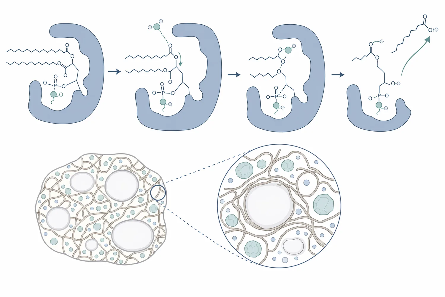Phospholipase hydrolyses dough phospholipids to lysophospholipids that strengthen emulsification and improve gas retention.