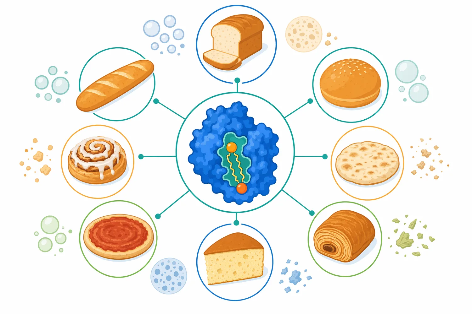 Bakery phospholipase is used across bread, buns, rolls, flatbreads and other yeast-raised baked goods to improve volume and crumb quality.