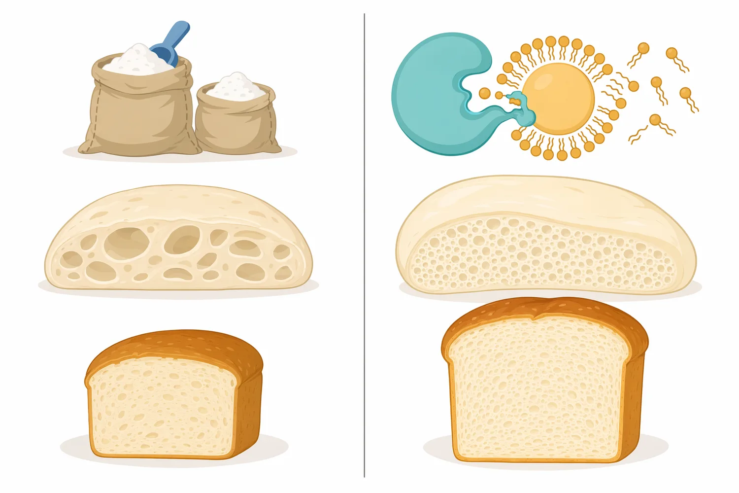 Compared with added emulsifiers alone, phospholipase can create functional lysophospholipids inside the dough and support cleaner-label bread improvement.