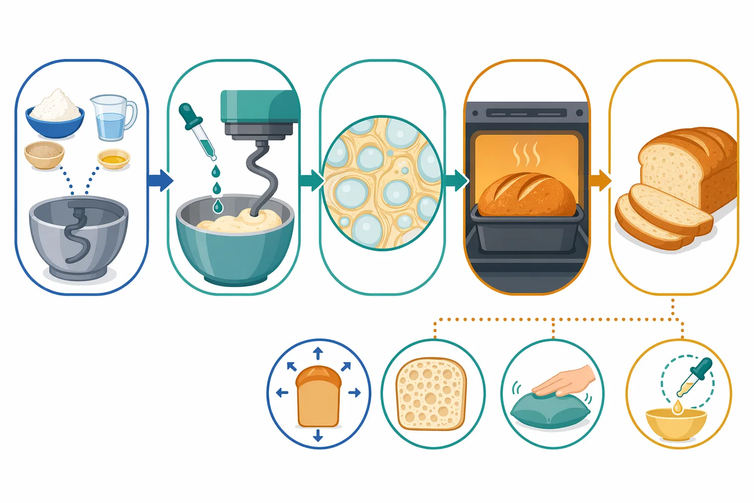 In bread making, phospholipase is added during mixing to generate emulsifying lipids in situ before proofing and baking.
