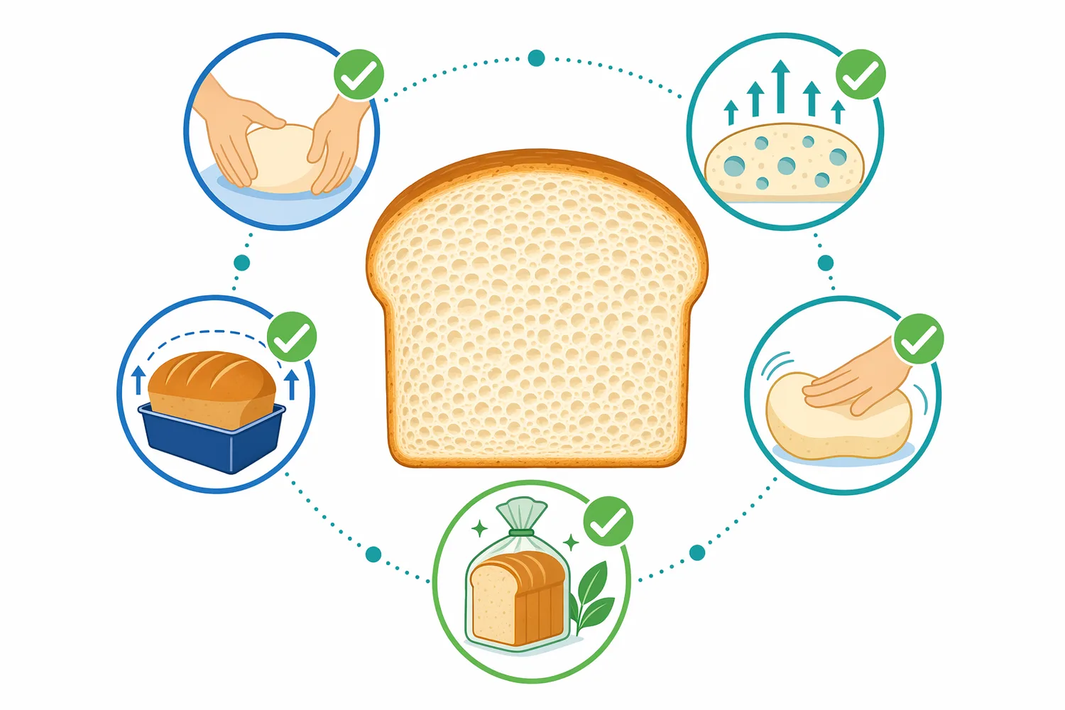 The main expected bread-quality outcomes are improved dough tolerance, better gas retention, higher loaf volume, finer crumb, and softer eating quality in responsive formulas.