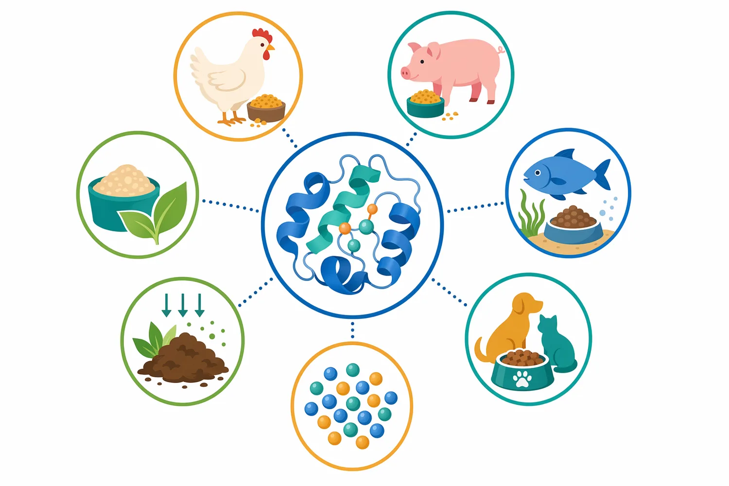 The main animal-feed uses of phytase are poultry, swine, and aquaculture diets based on phytate-containing plant ingredients.