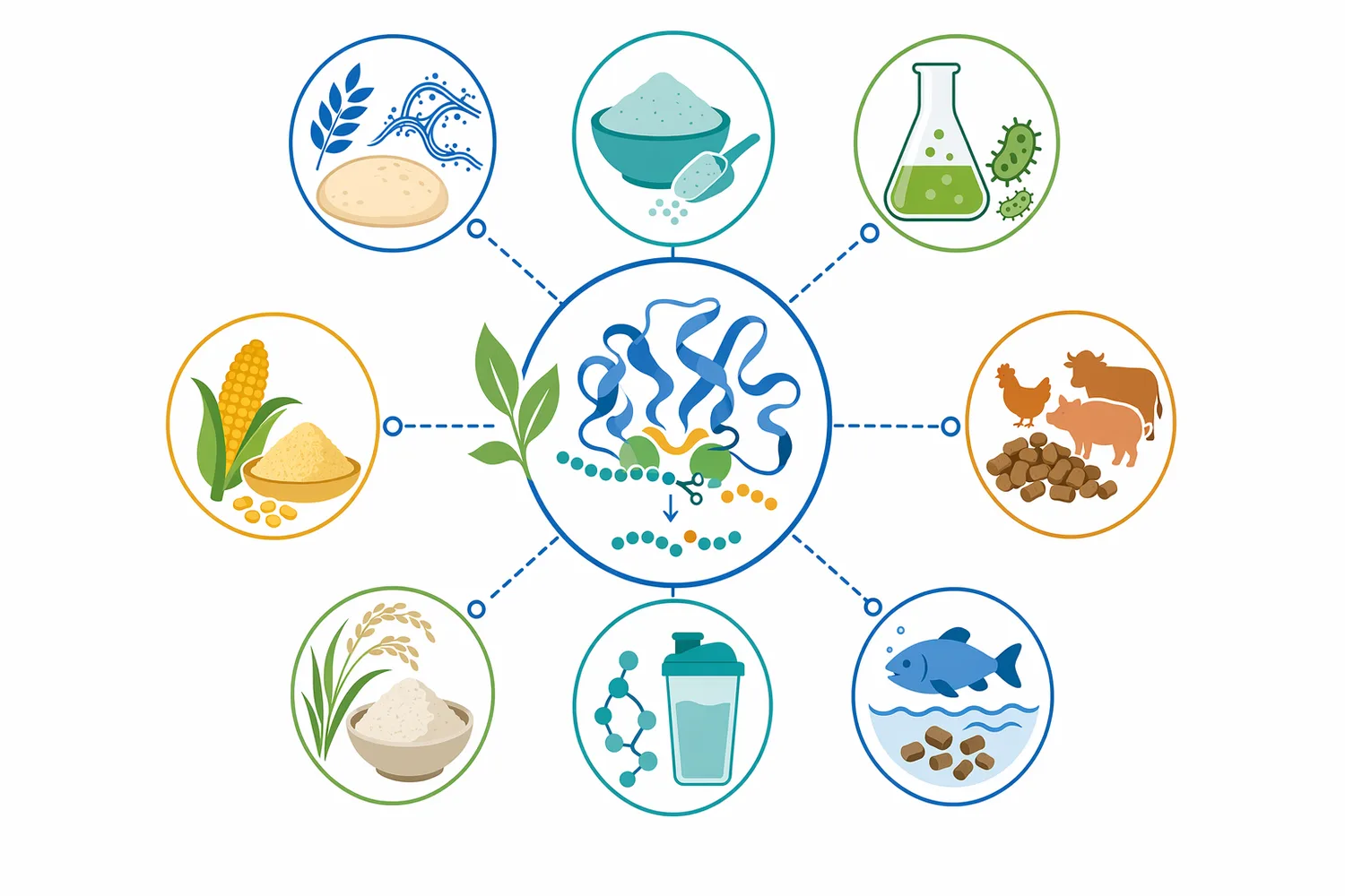 The main application areas are wheat gluten flour modification, corn gluten meal or zein-rich protein hydrolysis, rice protein modification, and fermentation nitrogen support.