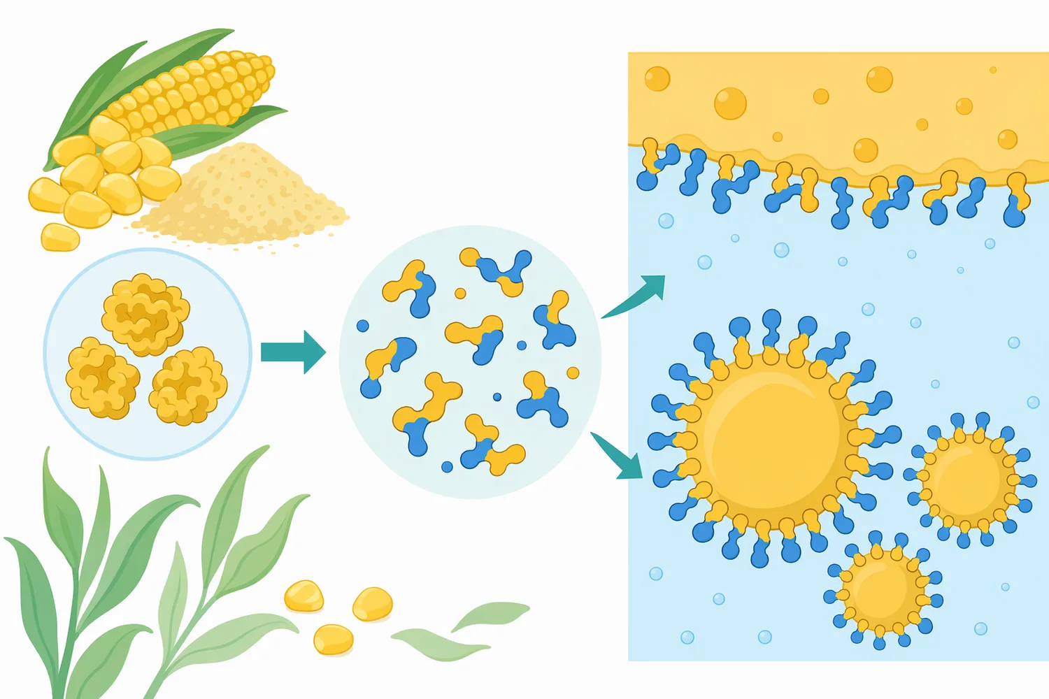Protease treatment can reduce the molecular size of zein-rich corn proteins and alter their balance of hydrophobic and hydrophilic surfaces.