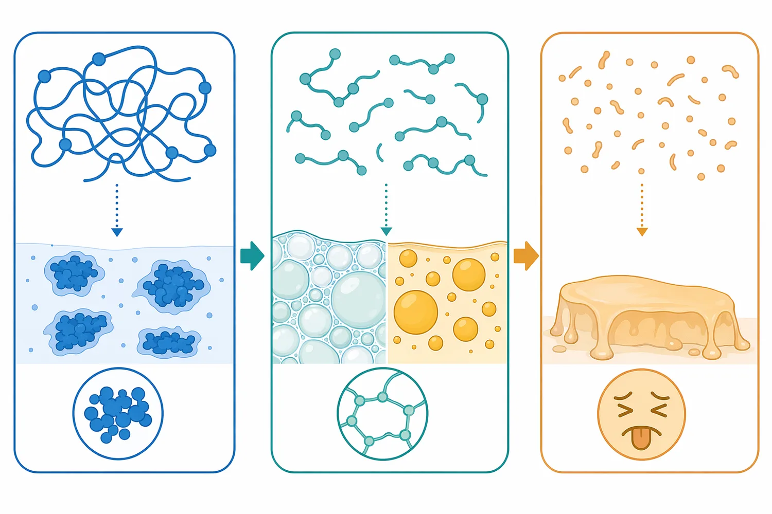 Moderate hydrolysis can improve dispersibility and surface activity, while excessive hydrolysis may weaken texture or create bitterness.