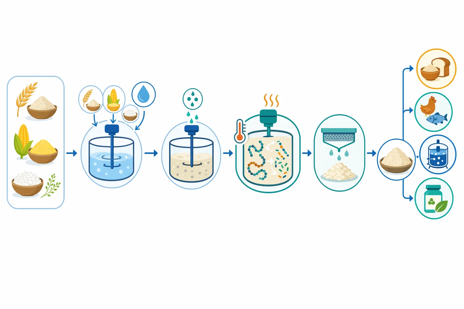Controlled cereal-protein hydrolysis typically requires substrate hydration, compatible conditions, enzyme addition, monitoring of hydrolysis extent, and downstream validation of functionality.