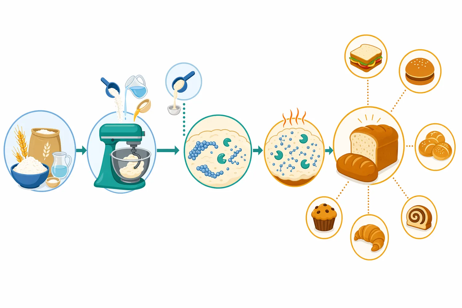In bread improvers, powdered alpha-amylase is blended into flour systems to support fermentation, oven spring, and crumb quality.