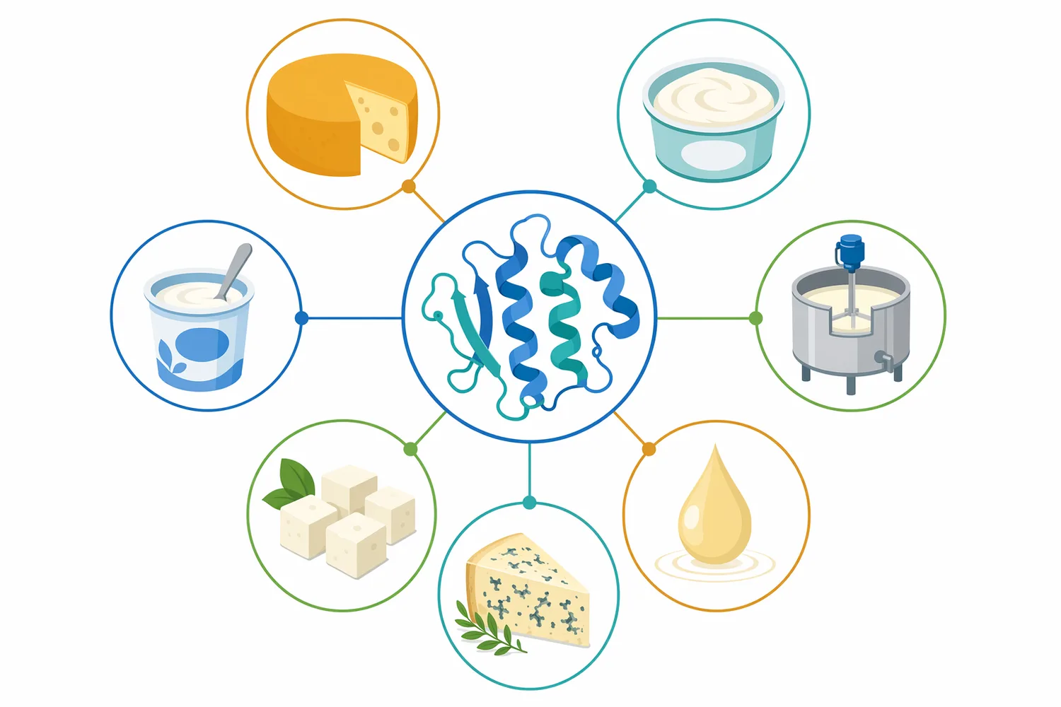 Chymosin fits hard, semi-hard, soft, white brined, fresh, and selected specialty cheese processes when controlled κ-casein coagulation is desired.