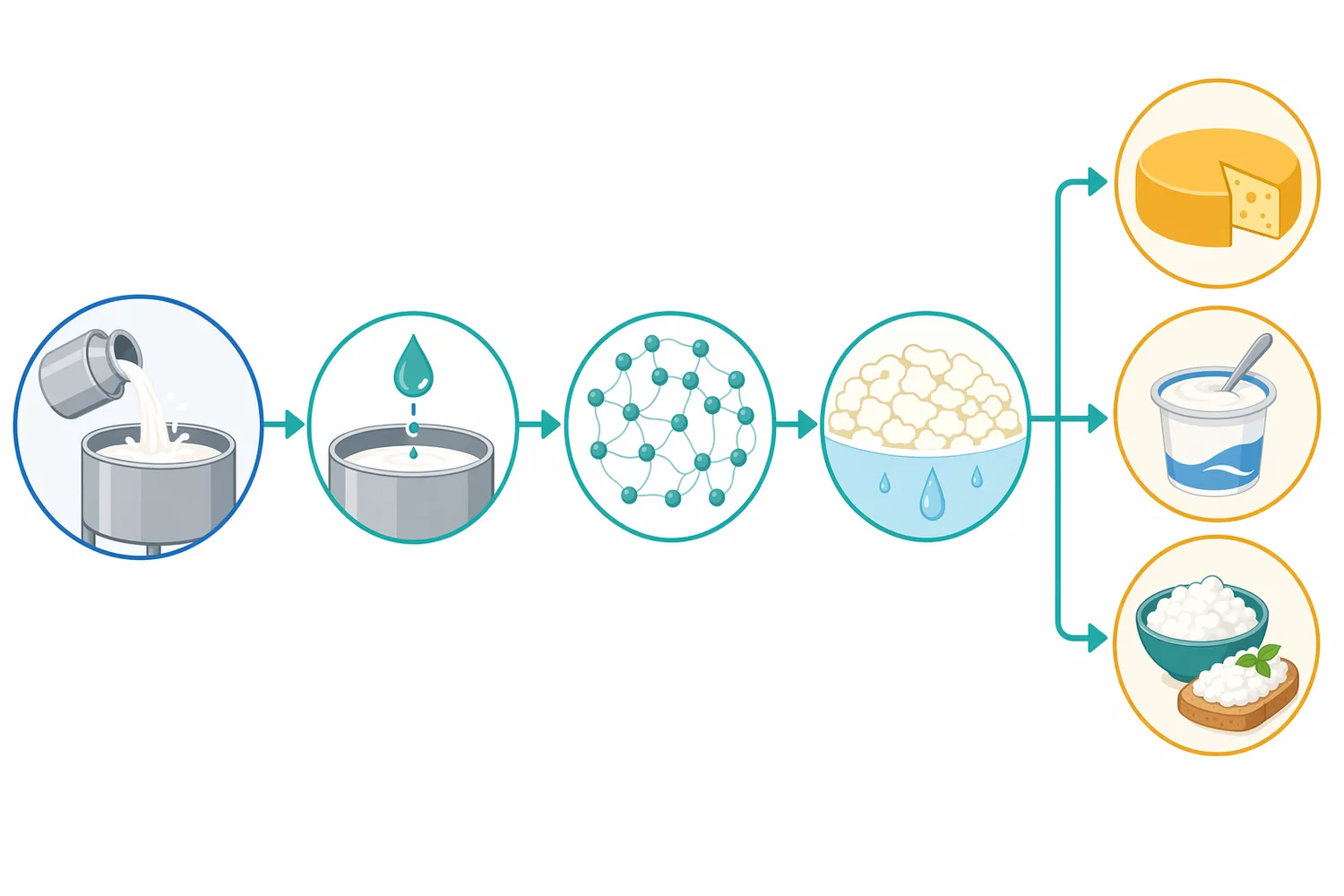 Rennet coagulation proceeds from milk preparation and chymosin addition through κ-casein hydrolysis, micelle aggregation, curd cutting, and whey drainage.