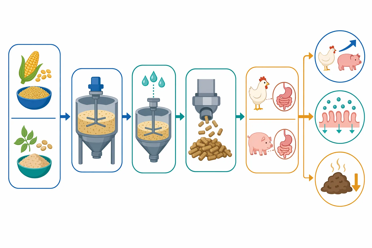 Protease feed additives are mixed into compound feed to enhance protein utilization in monogastric livestock.