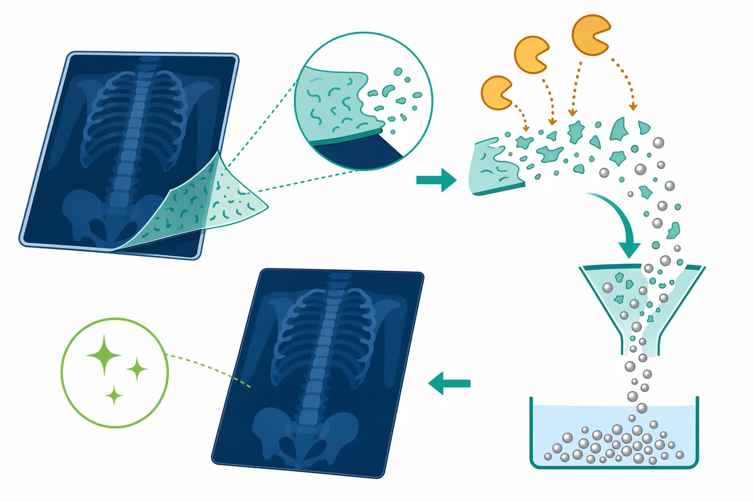 In film deproteinization, protease removes the gelatin protein layer that holds silver-containing material rather than acting on the metal itself.