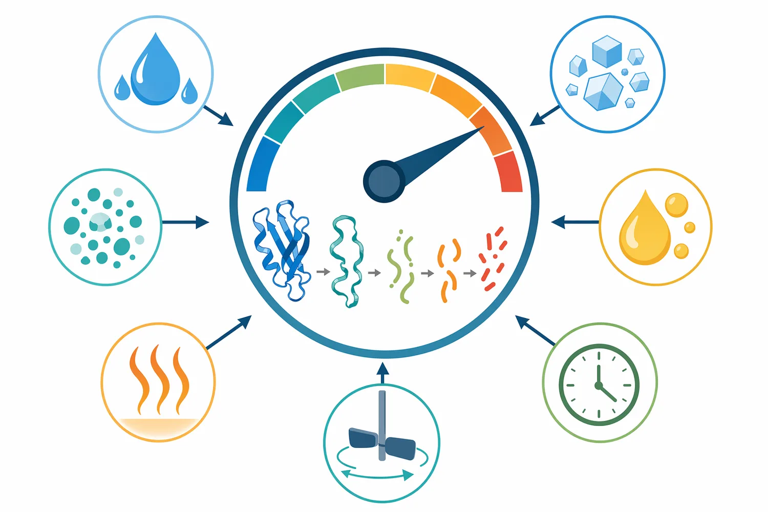 Substrate condition and processing variables influence enzyme access and the final degree of hydrolysis.