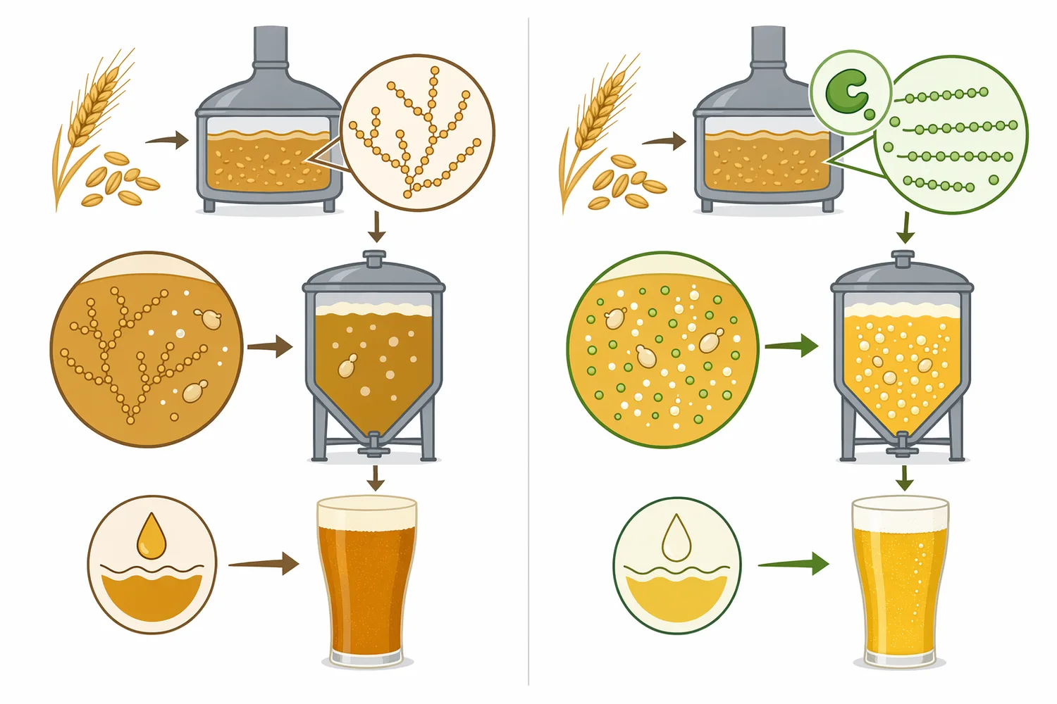 Pullulanase differs from α-amylase, β-amylase, and glucoamylase because its primary brewing role is debranching rather than liquefaction or direct sugar release.