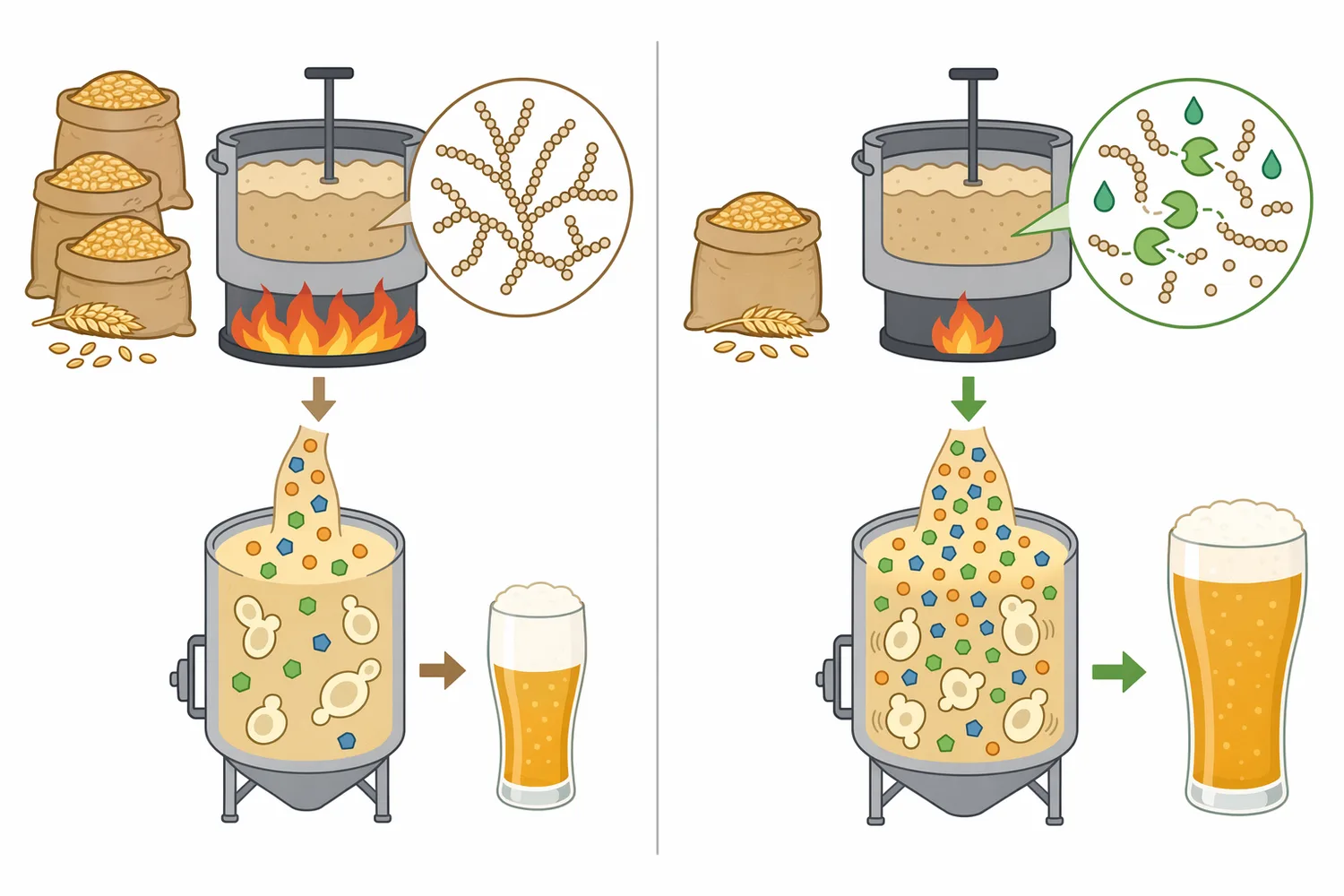 Brewing starch-conversion enzymes are complementary because α-amylase liquefies chains, β-amylase and glucoamylase release sugars, and pullulanase removes branch points.