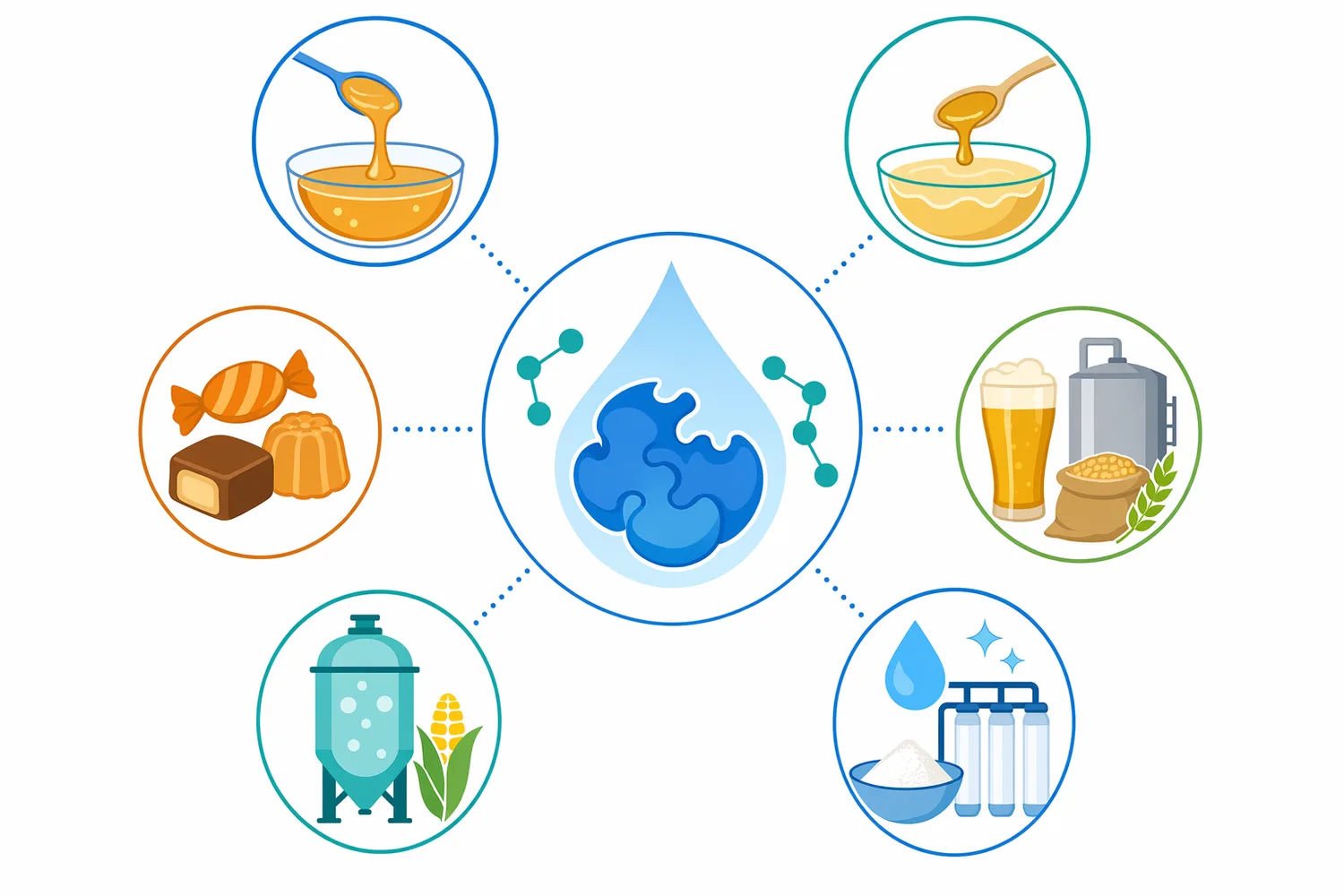 The same pullulanase debranching action can support glucose syrup, maltose syrup, or fermentable sugar streams depending on the companion enzyme system.