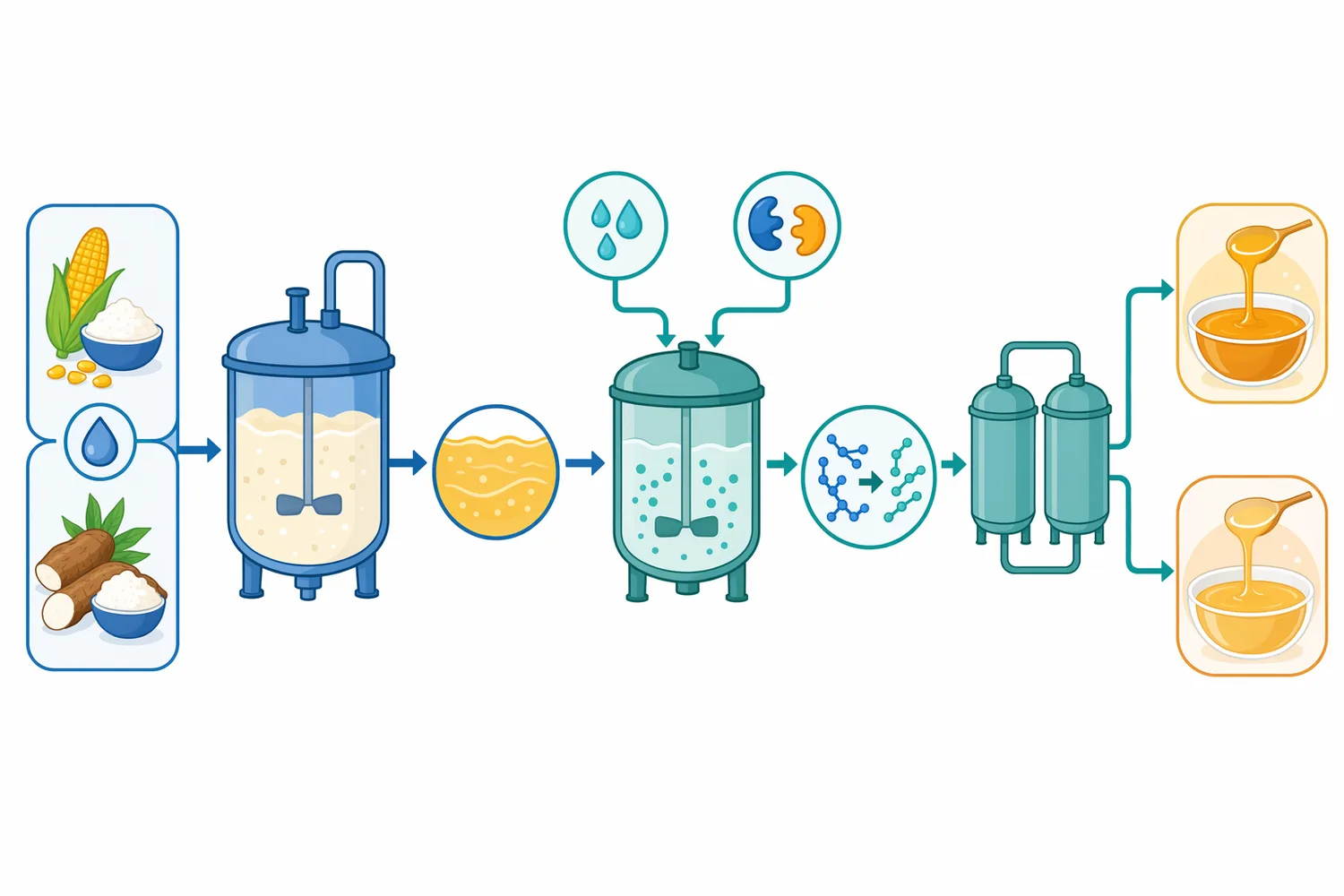 In starch syrup processing, pullulanase is typically positioned after gelatinization and liquefaction, where soluble branched dextrins are available for debranching and saccharification.