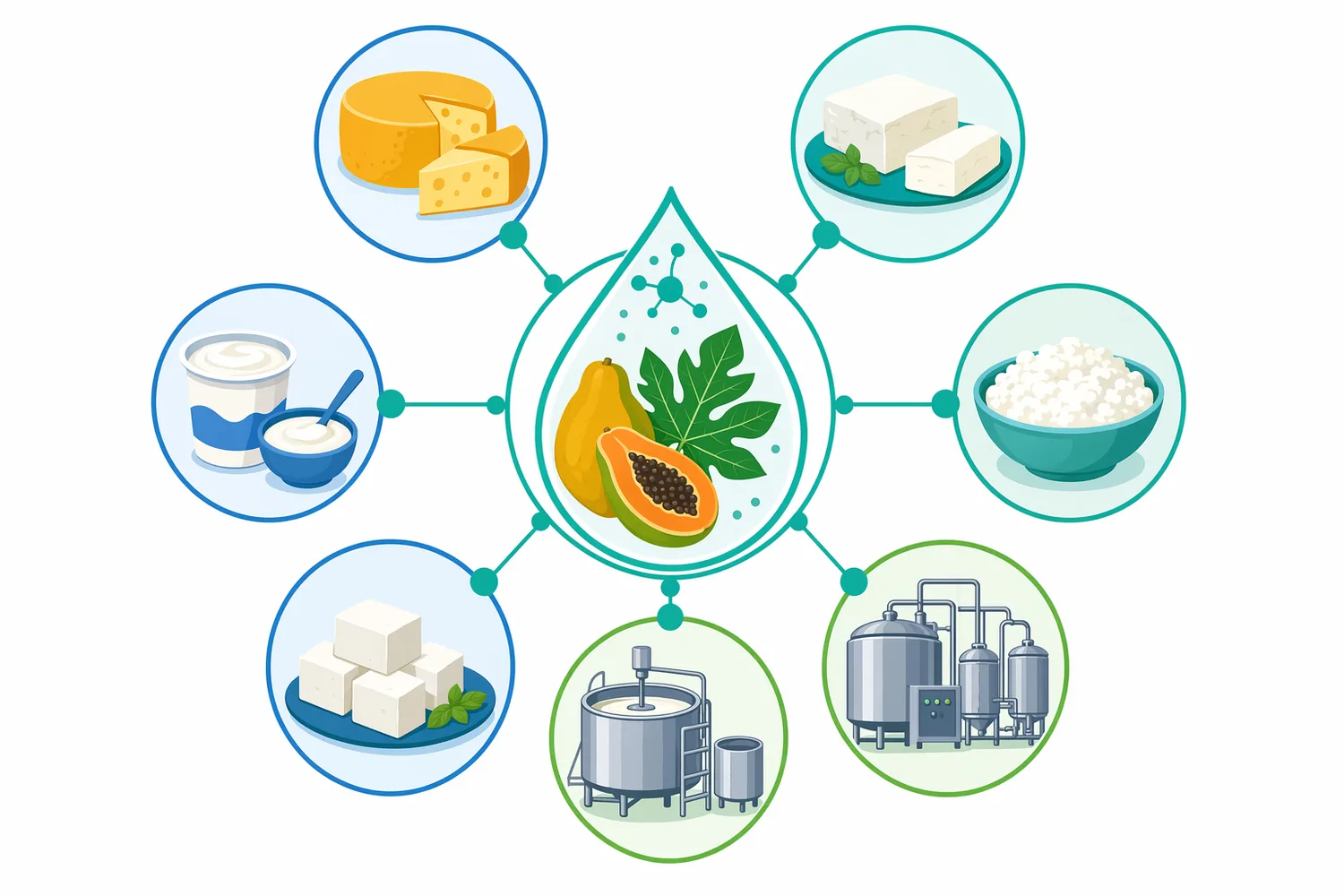 Papaya-source rennet is mainly used for milk coagulation in cheese, fresh curd, paneer-style products, and yogurt-related dairy processing.