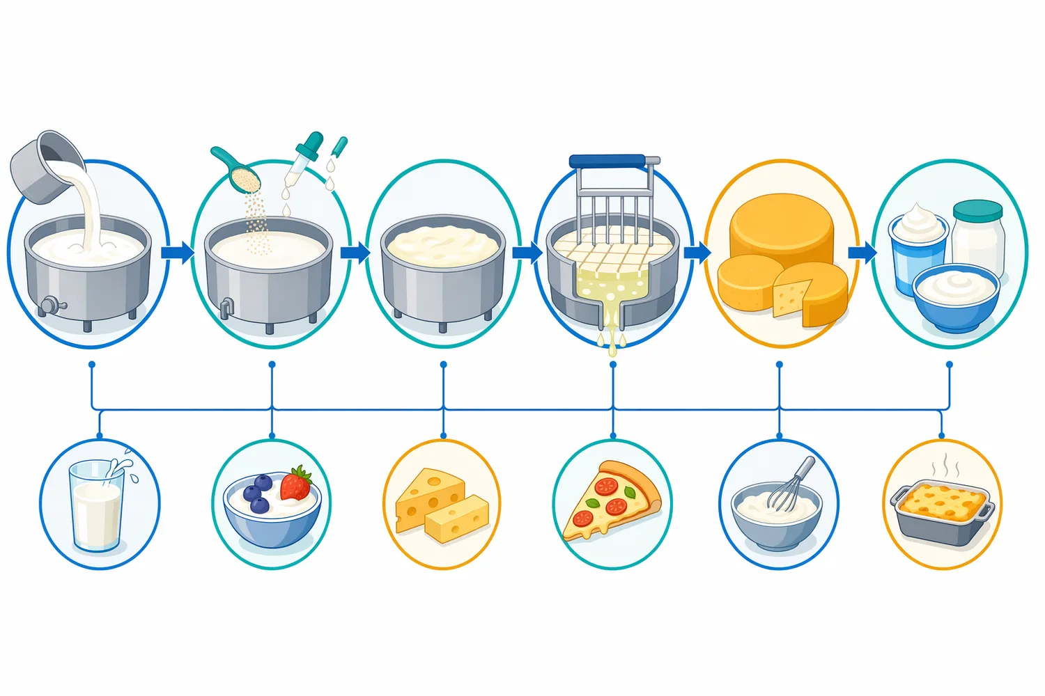 Industrial use follows milk standardization, enzyme dosing, controlled coagulation, curd handling, and conversion into cheese or fermented dairy products.