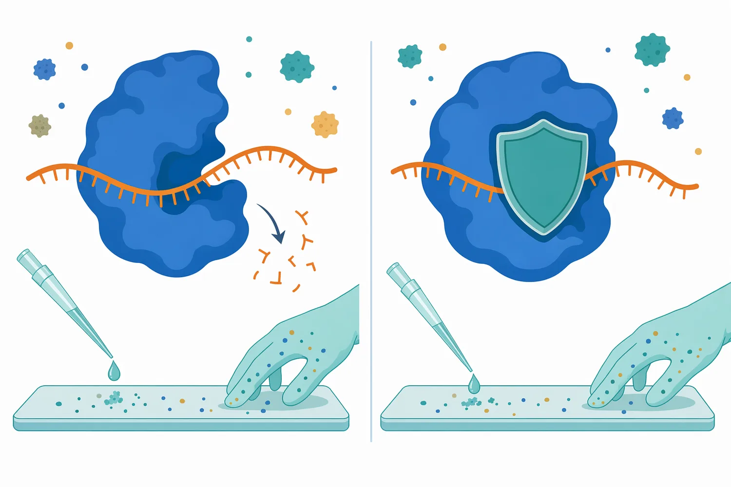 Ribonuclease inhibitors and RNase-control practices protect RNA-focused workflows from unwanted enzymatic degradation.