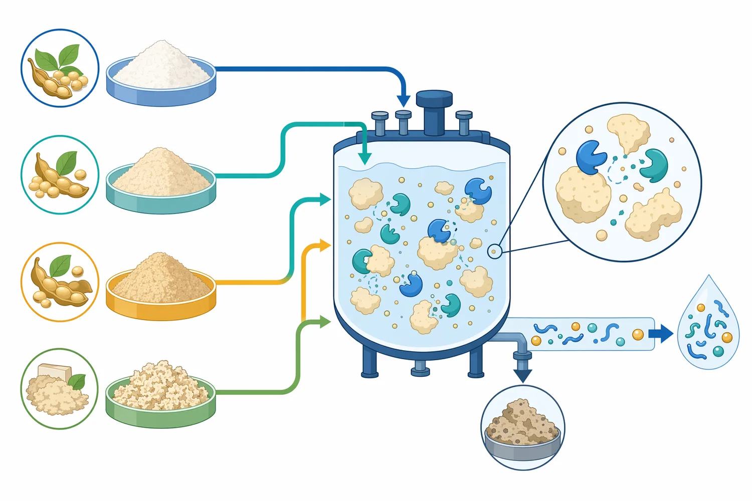 Soy peptide hydrolysates can be produced from refined soy proteins as well as less-refined substrates such as defatted soy flour and okara.