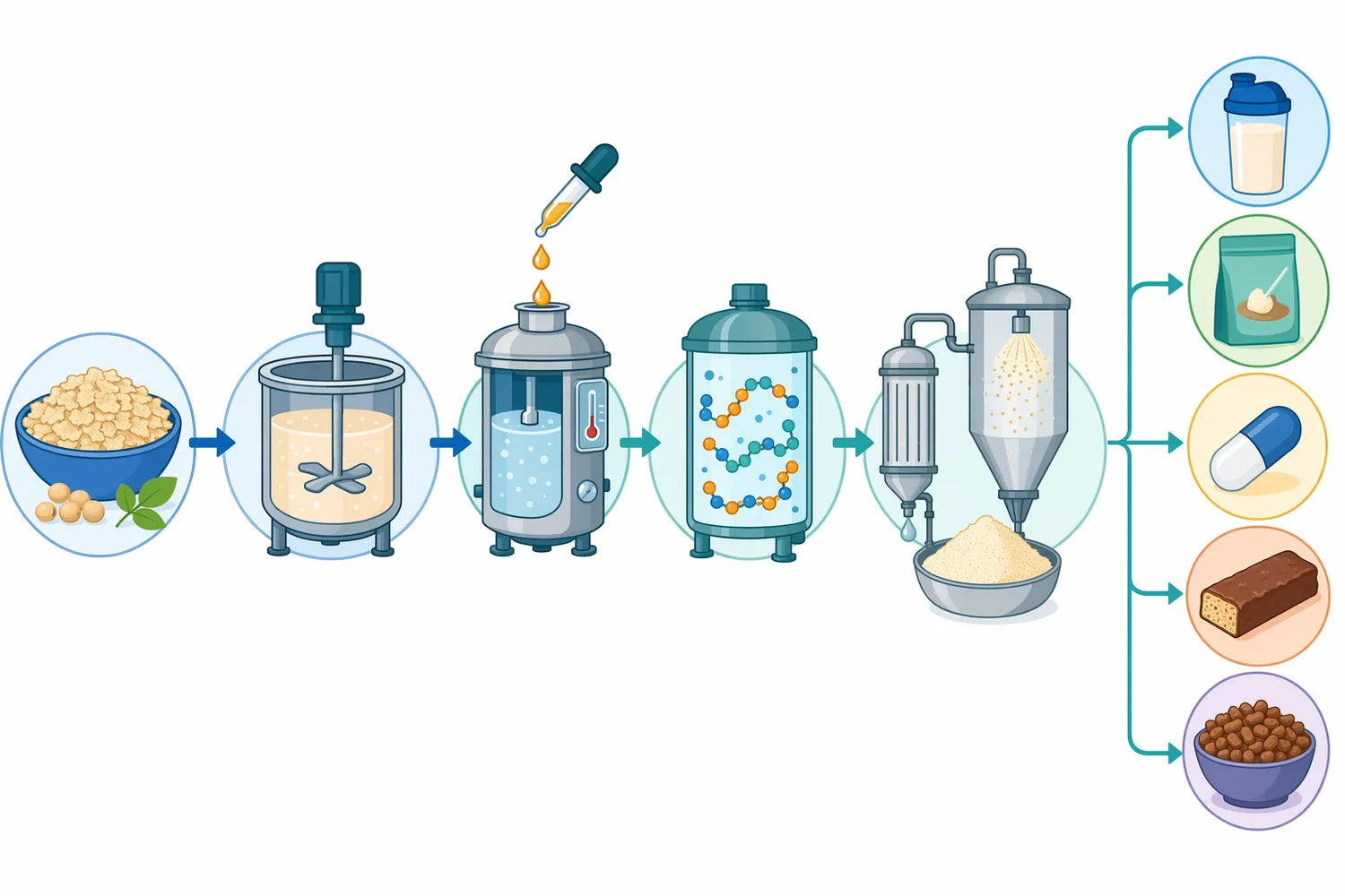 A controlled soy peptide process typically disperses the substrate, adds protease under suitable conditions, stops hydrolysis, and then clarifies, concentrates, dries, blends, or further processes the hydrolysate.
