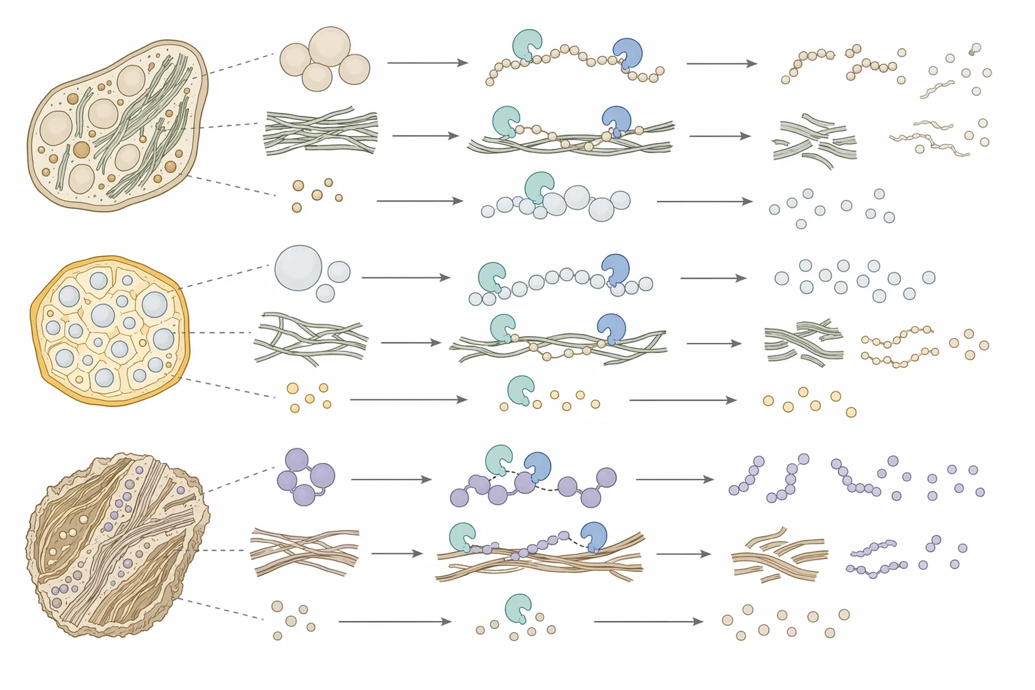 Protease-led hydrolysis cleaves peptide bonds in soybean proteins to shift the nitrogen fraction from large proteins toward shorter peptides and soluble amino-nitrogen fragments.