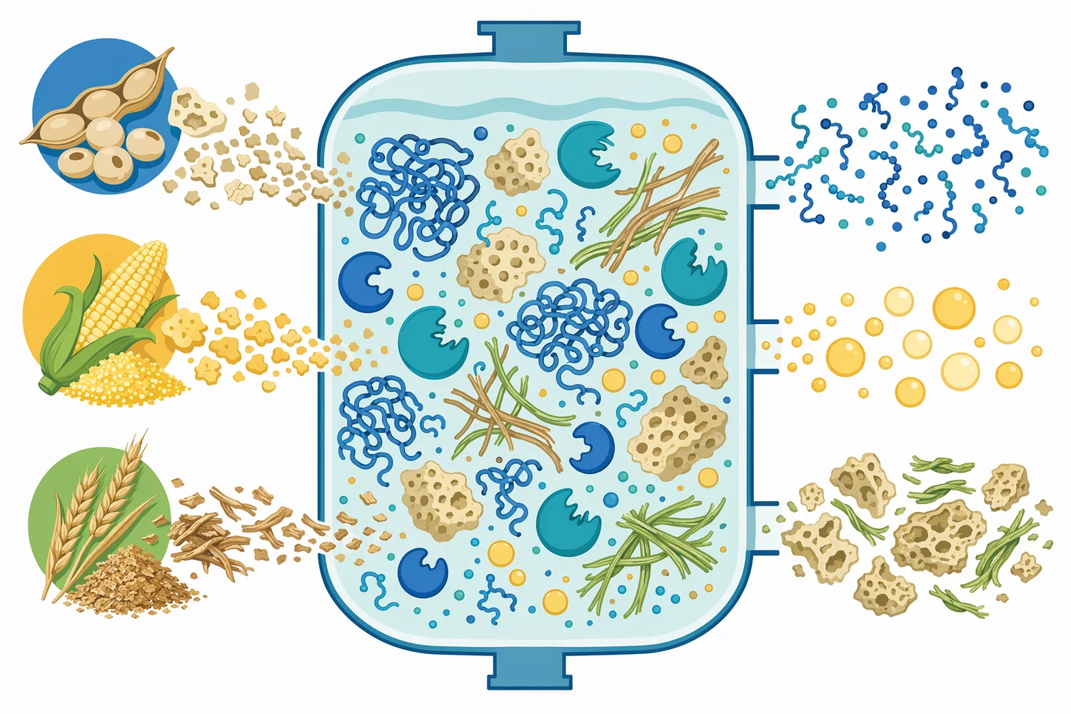 Enzymatic hydrolysis converts intact plant meal structures into smaller, more accessible protein and carbohydrate fractions.