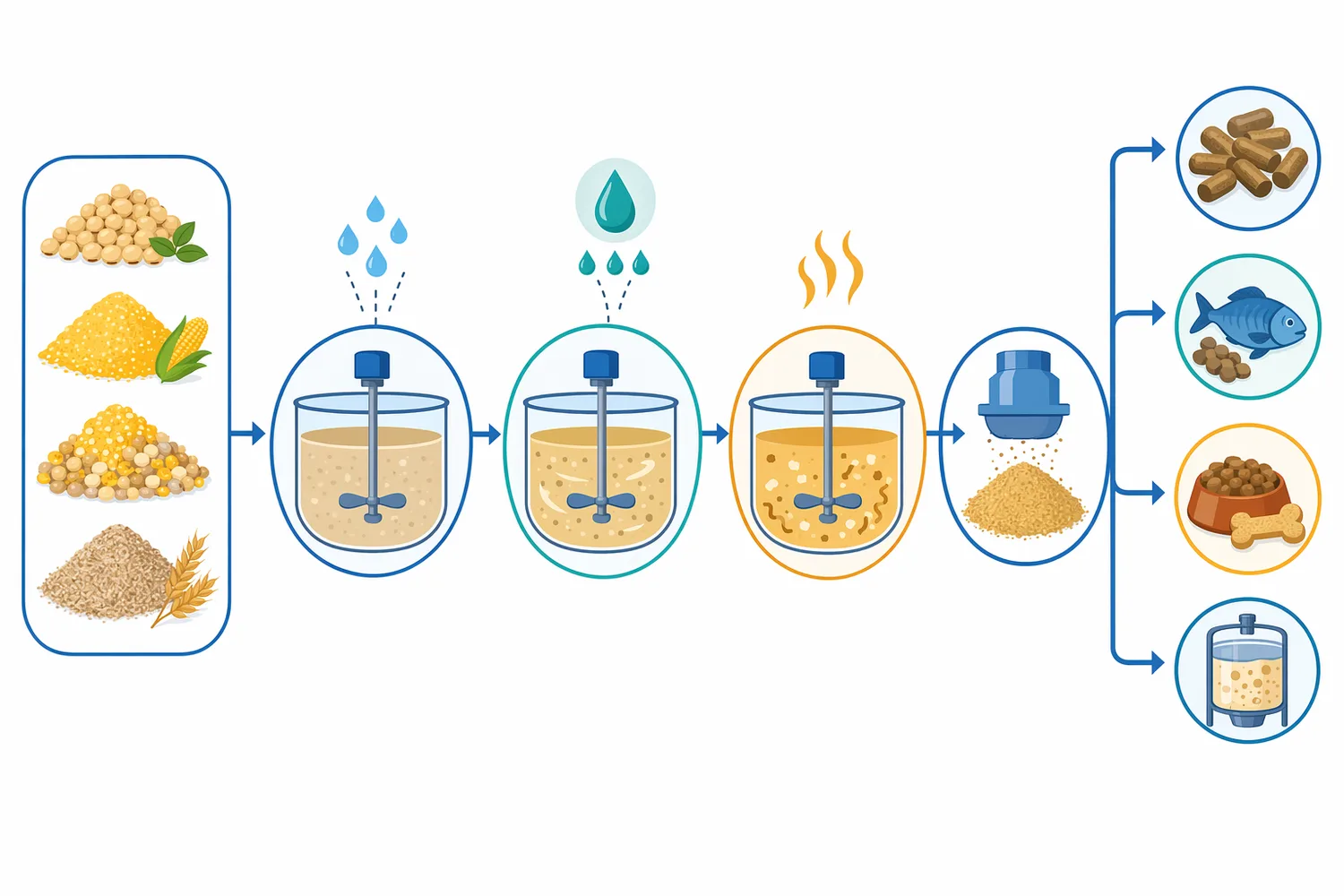 Hydrolysis can supply peptides and soluble carbohydrates that microbes further convert into biomass, organic acids, metabolites and modified feed components.
