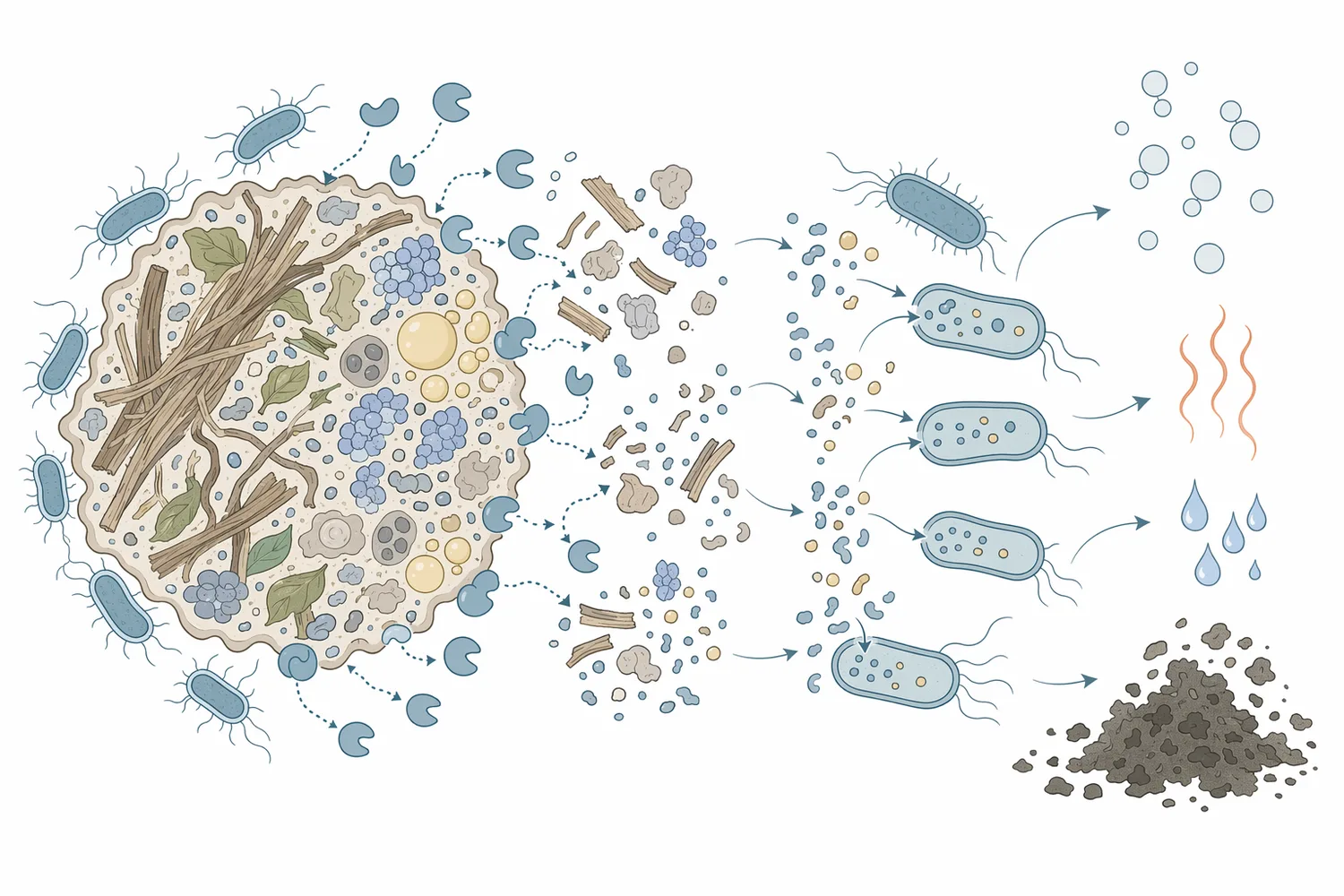Solid-waste microbial preparations rely on extracellular cellulases, amylases, proteases and lipases to hydrolyze mixed organic residues into biodegradable fragments.