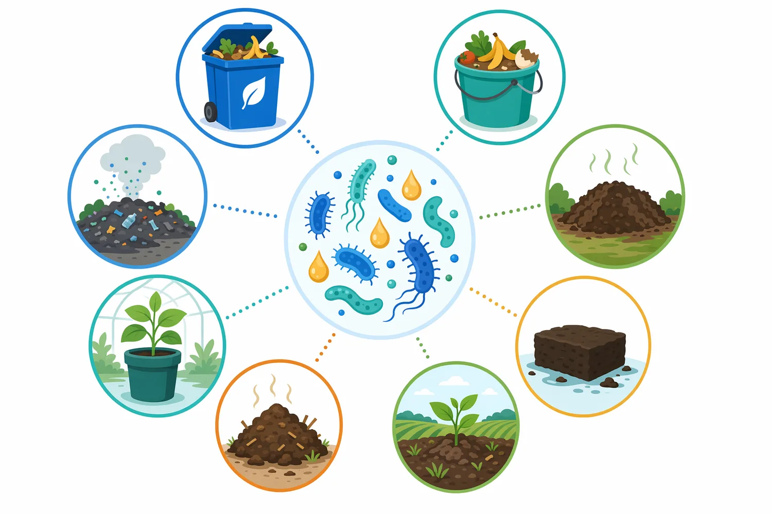 Microbial solid-garbage treatments are mainly used for food waste, composting, manure, sludge conditioning and odor reduction in organic-waste streams.