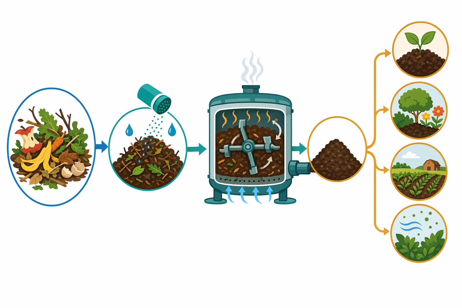 A solid-waste bacterial treatment is typically dosed into moist, aerated organic waste to accelerate stabilization and compost formation.