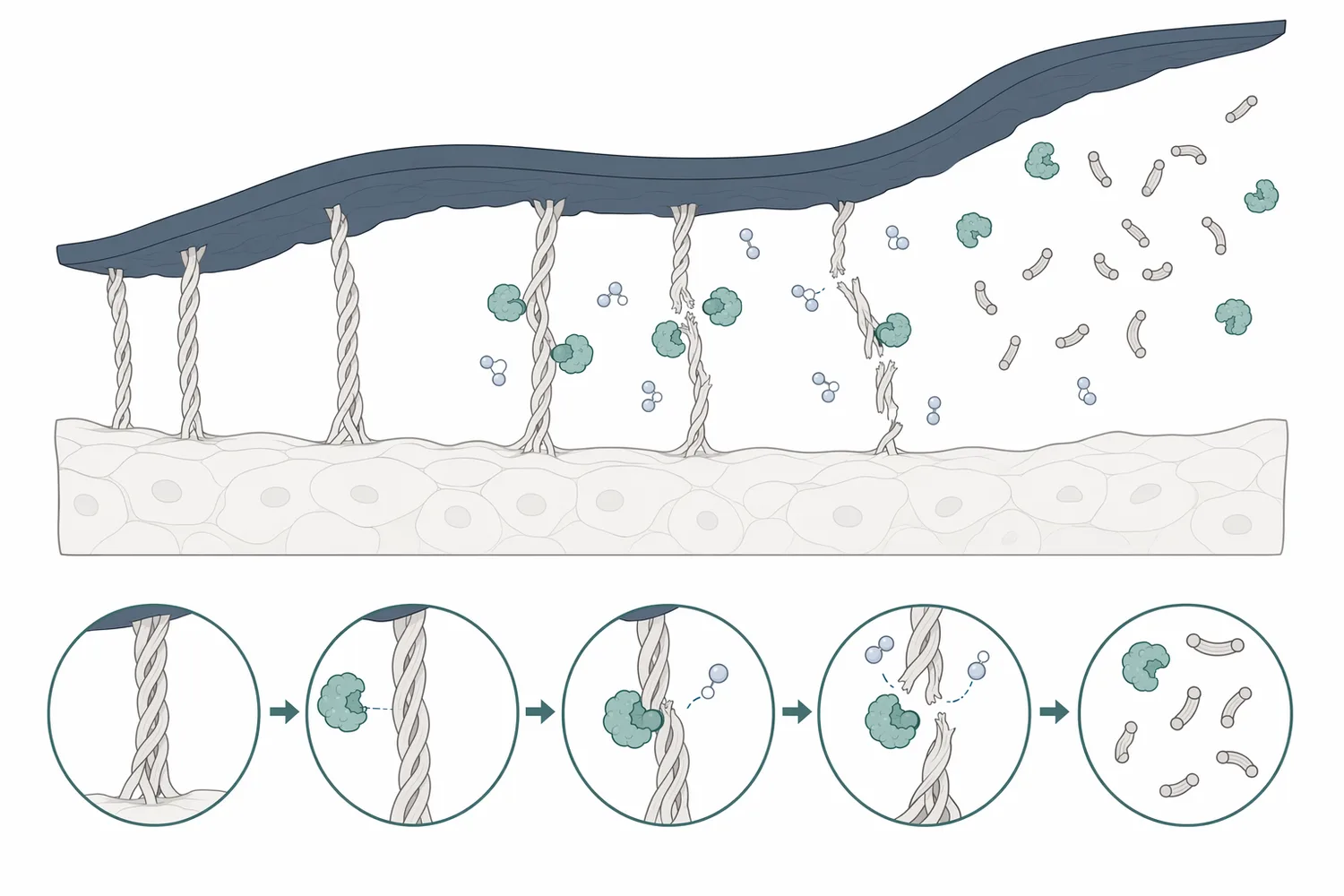 Protease treatment hydrolyzes accessible peptide bonds in the protein matrix between squid skin and mantle, lowering adhesion before physical removal.