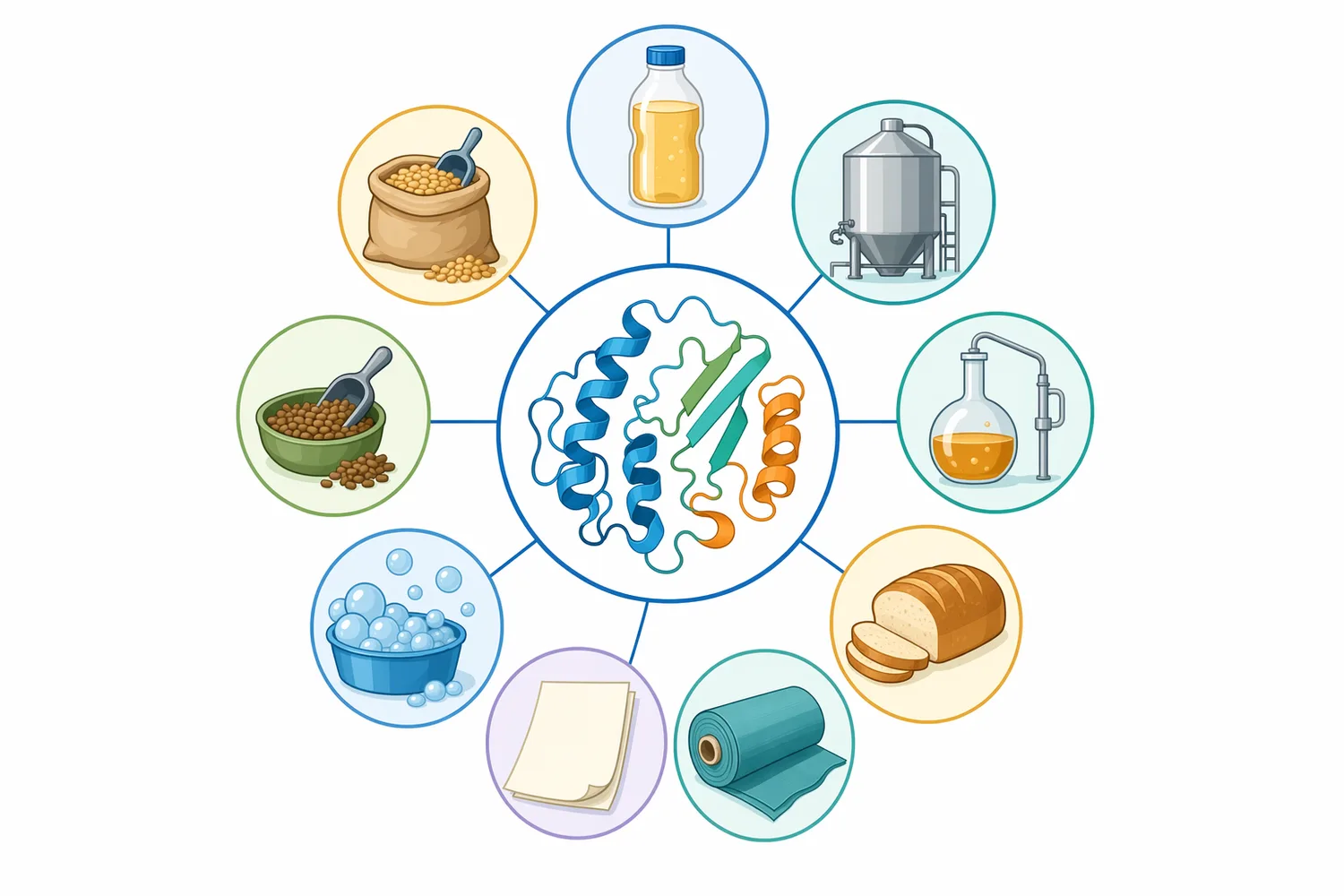 Thermostable alpha-amylase is used across liquefaction, food and beverage processing, textile desizing, starch-rich residue management, cleaning, and feed or biomass applications.