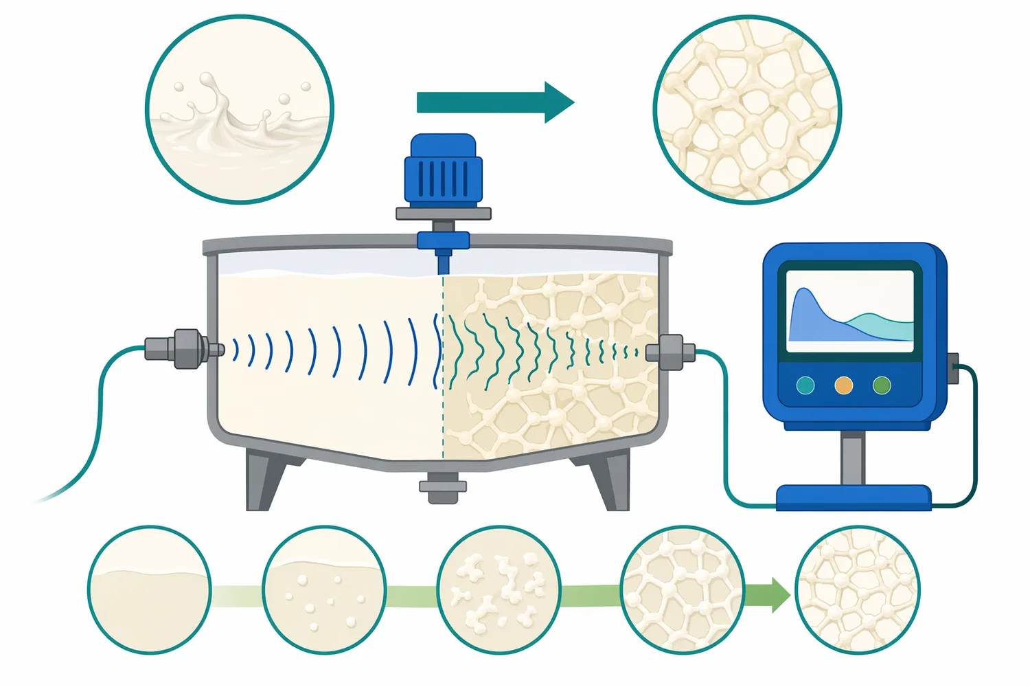 Ultrasonic and acoustic methods can track structural changes as milk changes from a liquid dispersion into a rennet gel.