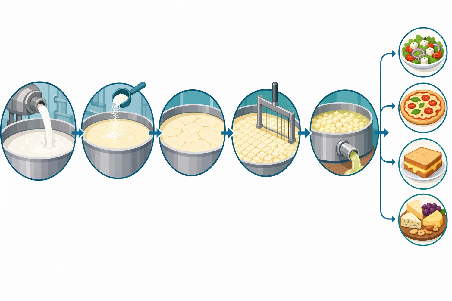 After the rennet gel reaches cutting strength, curd cutting and syneresis create separate curd particles and expelled whey.