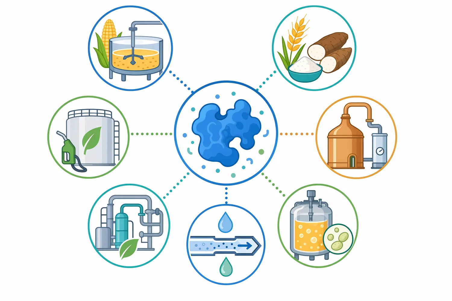 Thermostable alpha amylase is relevant to starch-rich ethanol feedstocks including corn, cassava, sorghum, rice, sago, tapioca residues, and food waste.