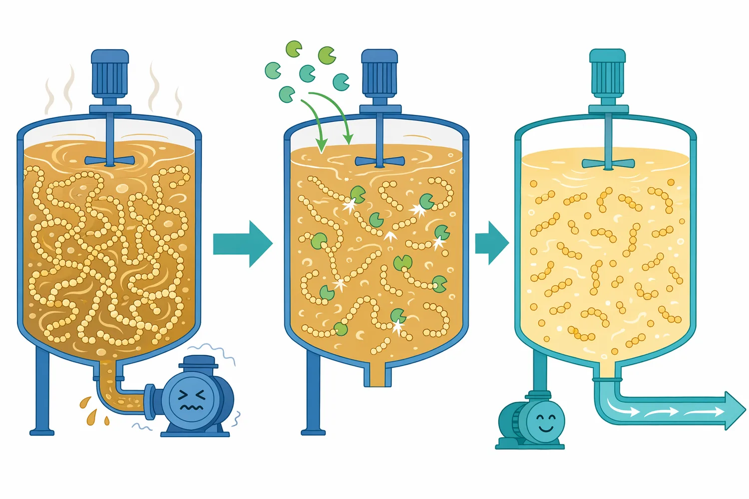 Cutting long hydrated starch chains into shorter fragments lowers mash viscosity and improves processability.