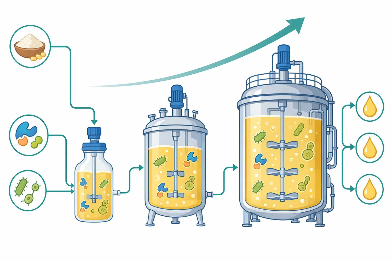 Published starch-to-ethanol work includes combined hydrolysis and fermentation evaluated from laboratory scale through pilot and industrial fermenter volumes.