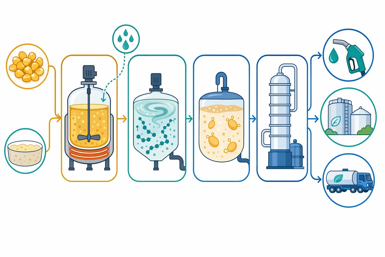 Starch ethanol production separates cooking, alpha-amylase liquefaction, saccharification, fermentation, and ethanol recovery into distinct process jobs.